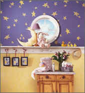Pale yellow, almost-purple deep blue and stars: great combo for a child-to-teen resale shop.